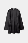Bernalda dress shiny fabric short semi fitted  collar stand neckline thin shoulder pads flared full length sleeves black stylein packshot