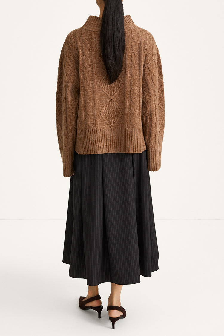 PLEATED PINSTRIPE MIDI SKIRT - BORINA COFFEE