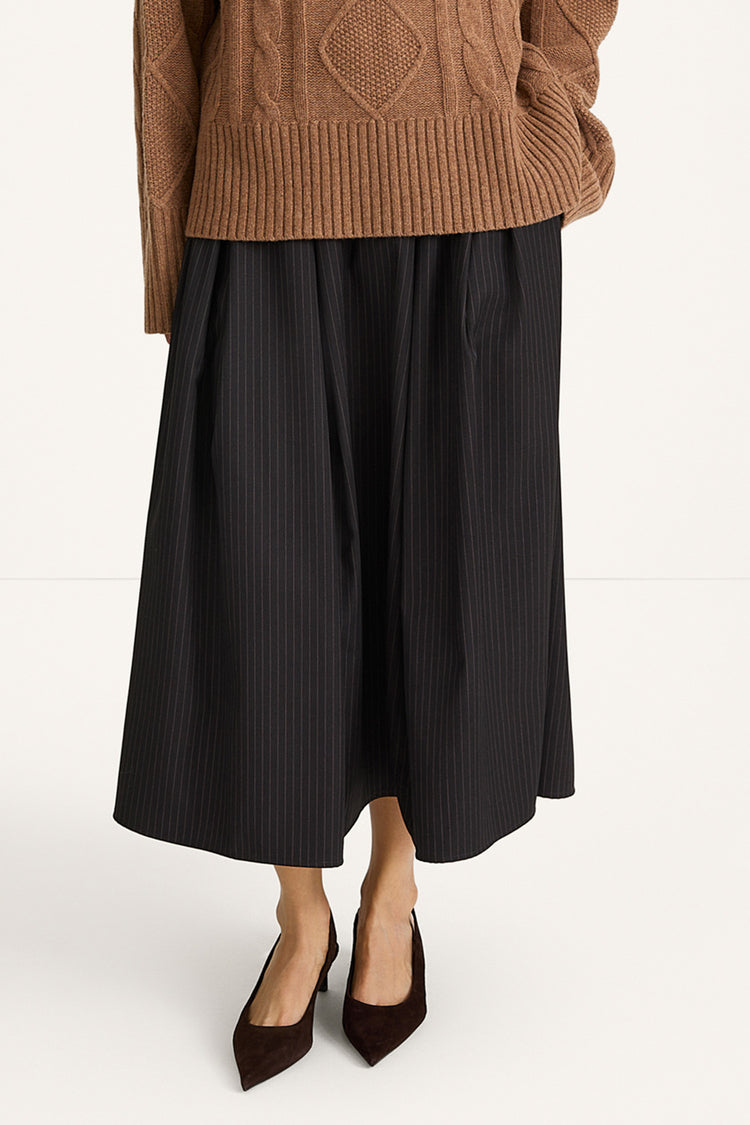 PLEATED PINSTRIPE MIDI SKIRT - BORINA COFFEE