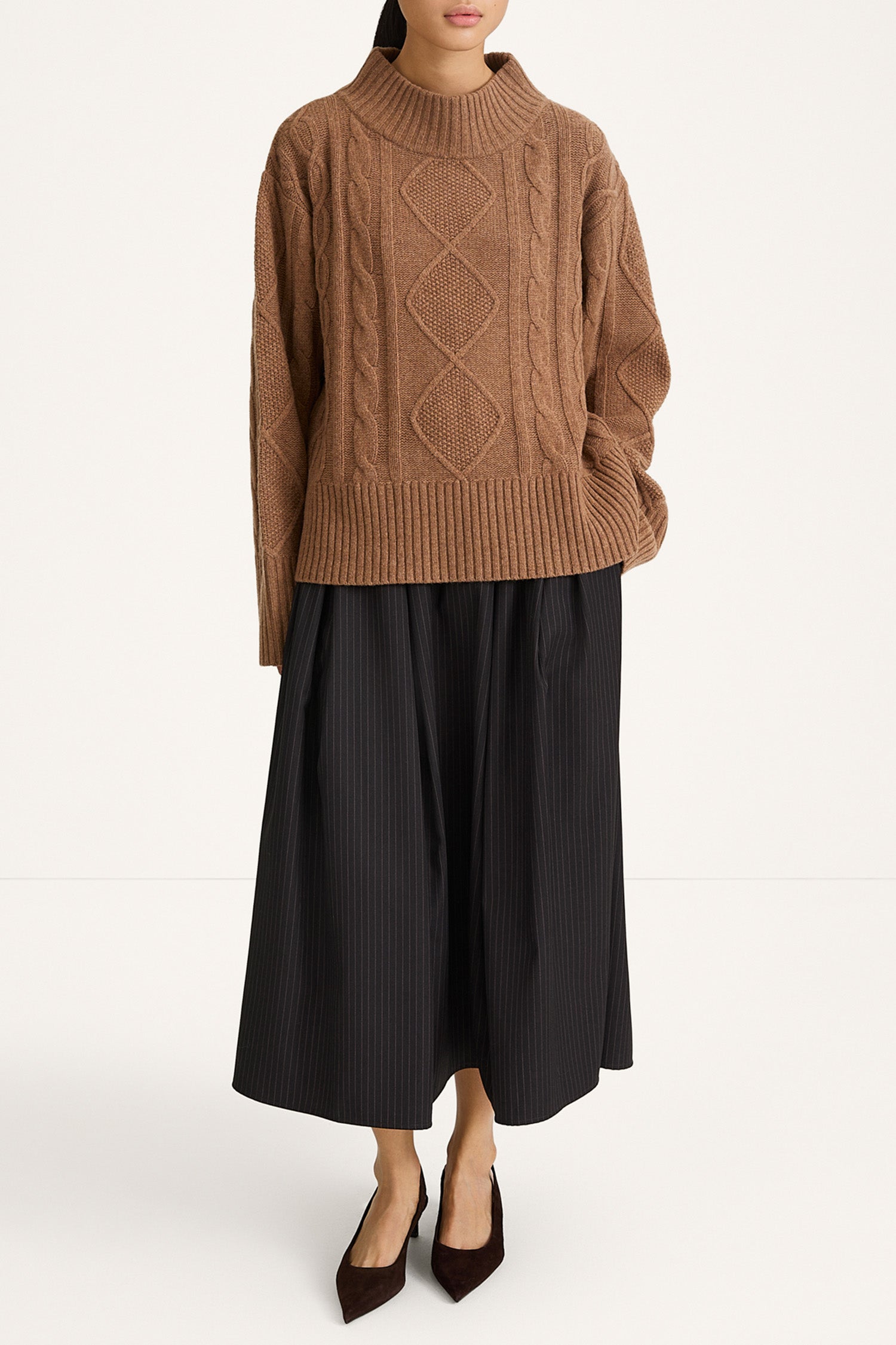 PLEATED PINSTRIPE MIDI SKIRT - BORINA COFFEE