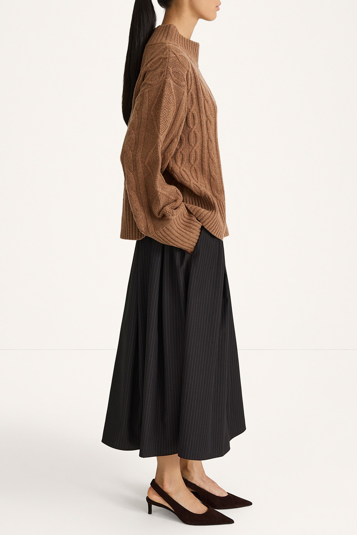 PLEATED PINSTRIPE MIDI SKIRT - BORINA COFFEE