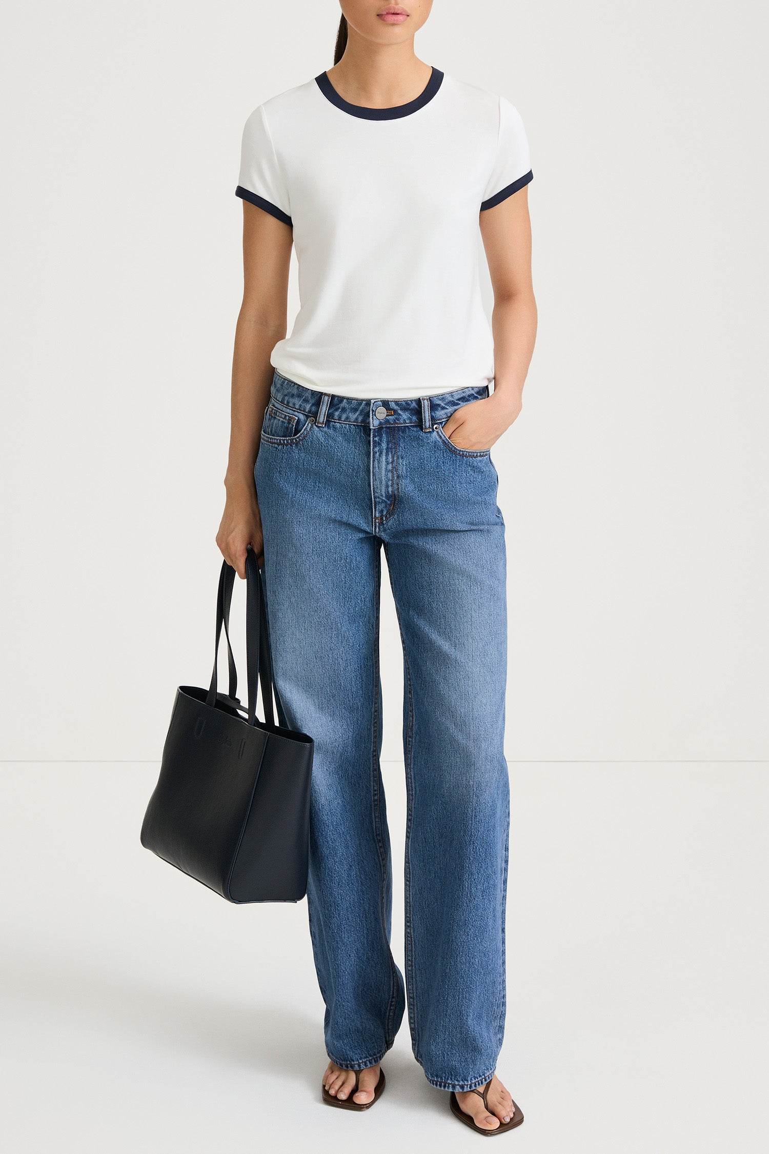 CONTRAST JERSEY TOP - CLEO WHITE/NAVY