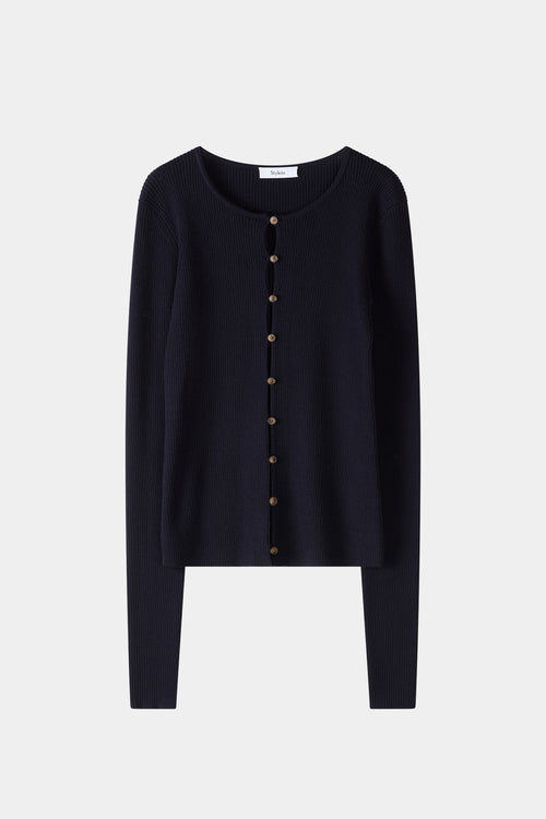 Navy buttoned cardigan stylein hamani front model image