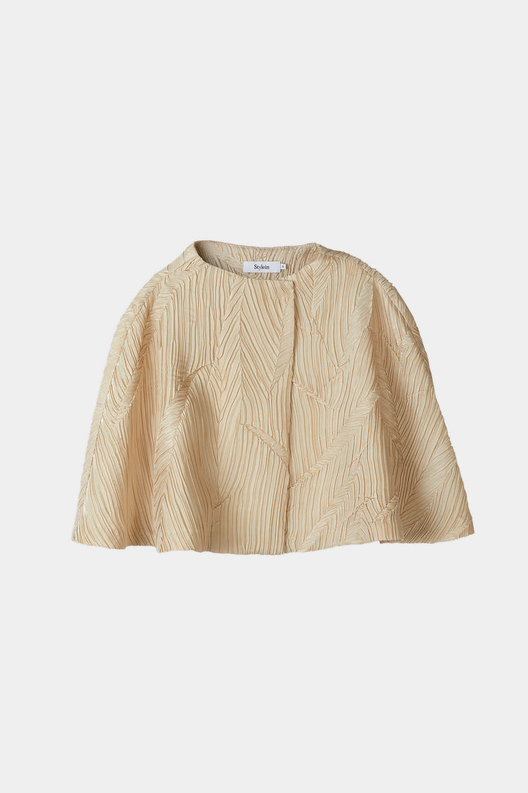 Ida cape crushed plisse fabric built up neckline darts front and back sand stylein packshot