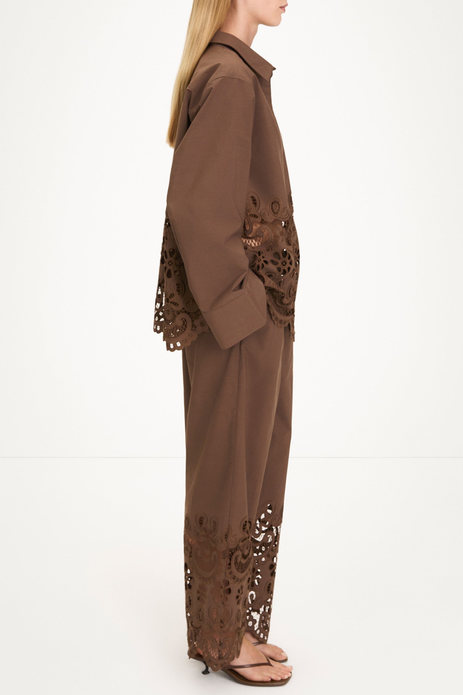 Jamie trousers broderie anglaise coffee brown model image side