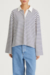 Janelle striped top v-neck collar longsleeve white navy stylein model image front close