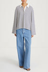 Janelle striped top v-neck collar longsleeve white navy stylein front model image