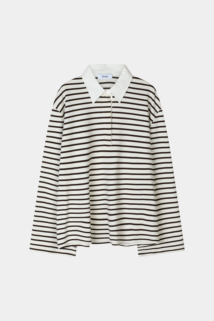 Janelle top oversized t-shirt long sleeve brown white stripe collar stylein packshot