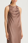 Mairie maxi long satin dress brown hazel stylein model image front close