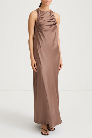 Mairie maxi long satin dress brown hazel stylein model image front