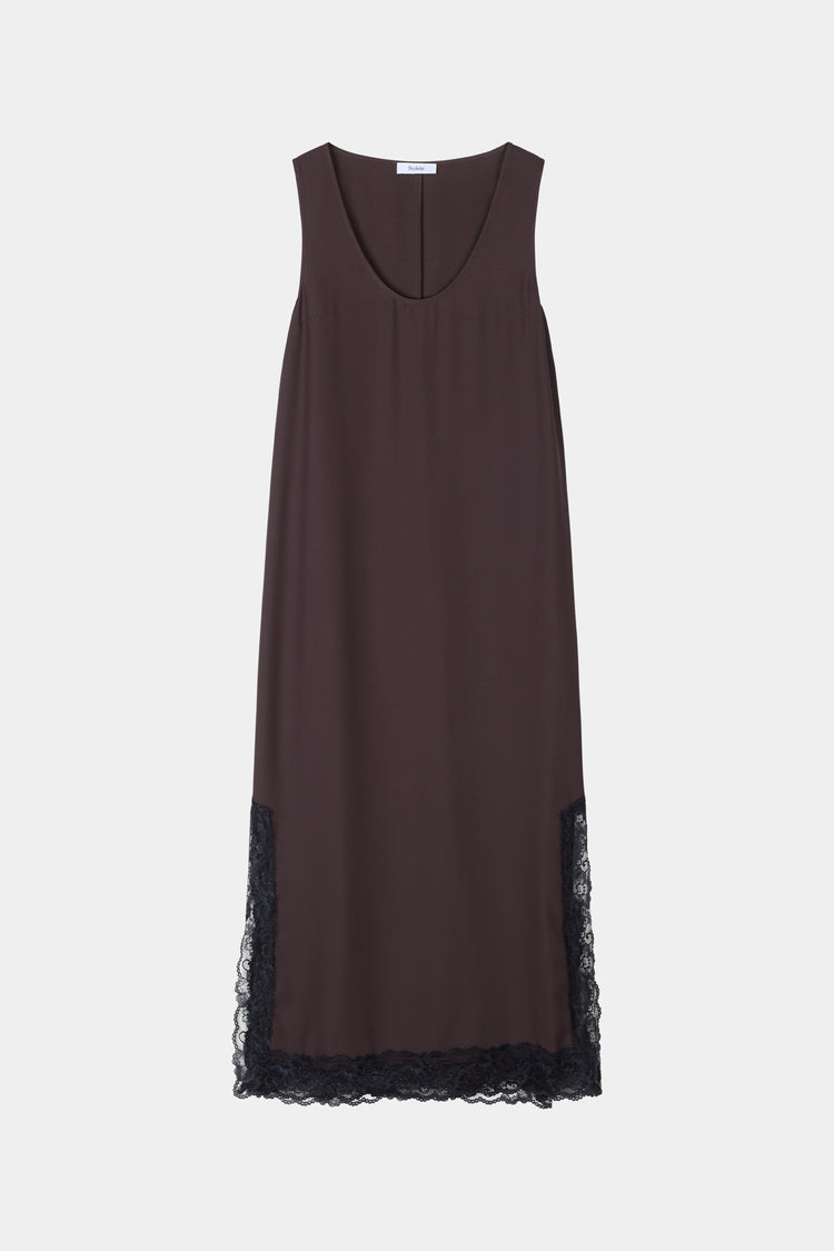 Malea long sleeveless dress lace details coffee brown stylein packshot