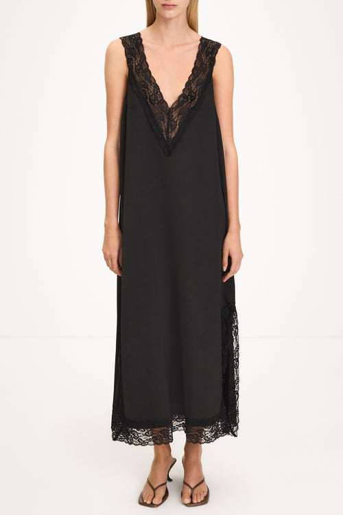 Malea black v-neck lace trim dress model image front