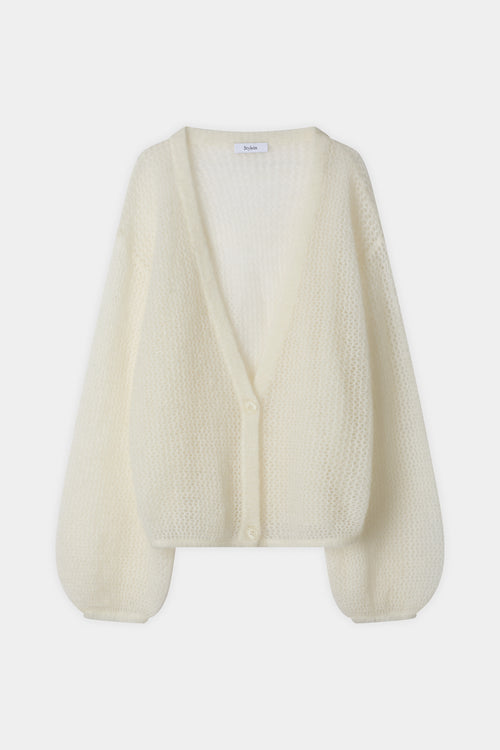 Nasira v-neck pointelle knit cardigan white stylein packshot