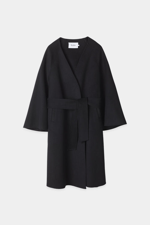 Trento coat long kimono inspired dropped shoulders flared full length sleeves attached belt wool mix black stylein front image 