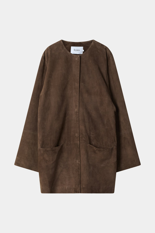 Valencino suede coat pebble brown stylein model image front