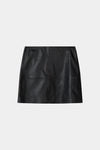 A black leather mini skirt with a structured, slightly cropped silhouette and a front seam detail, shown flat on a light gray background.