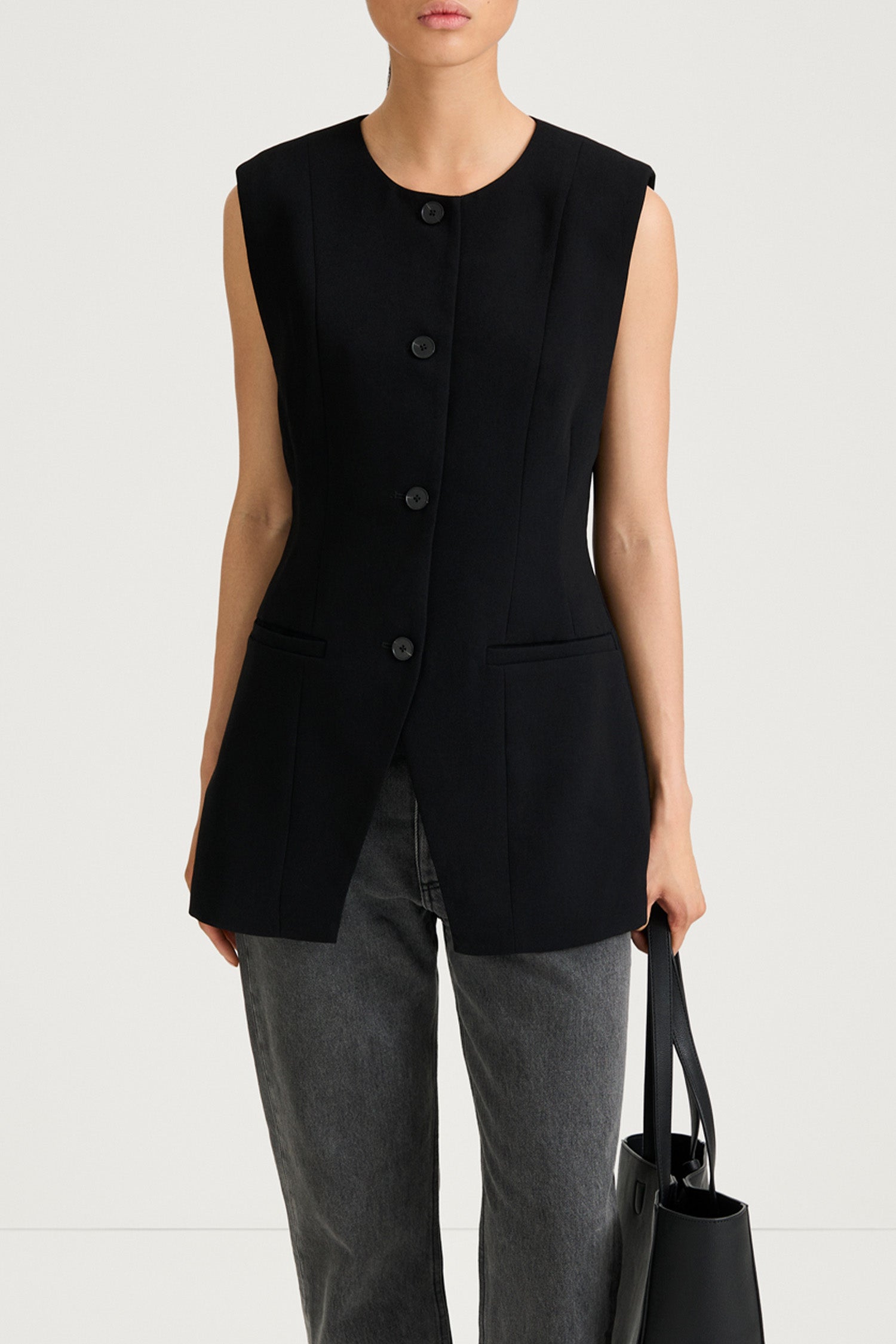 Balina black crepe vest stylein front close up model image