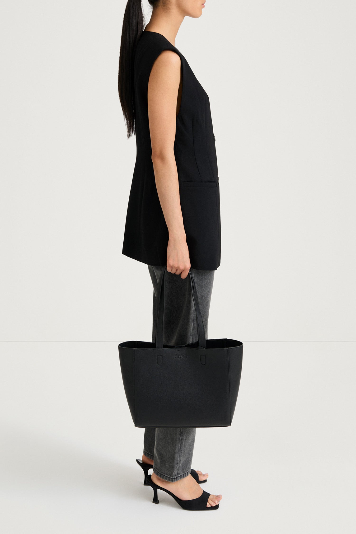 Balina black crepe vest stylein side model image