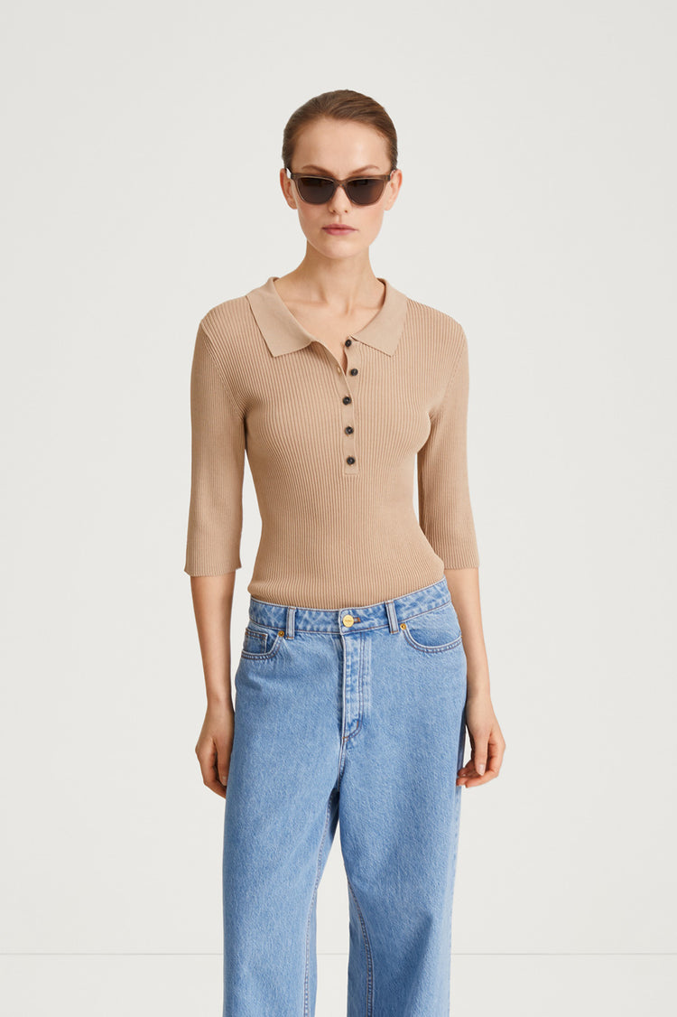 beige fine knit collar button top priceton stylein front