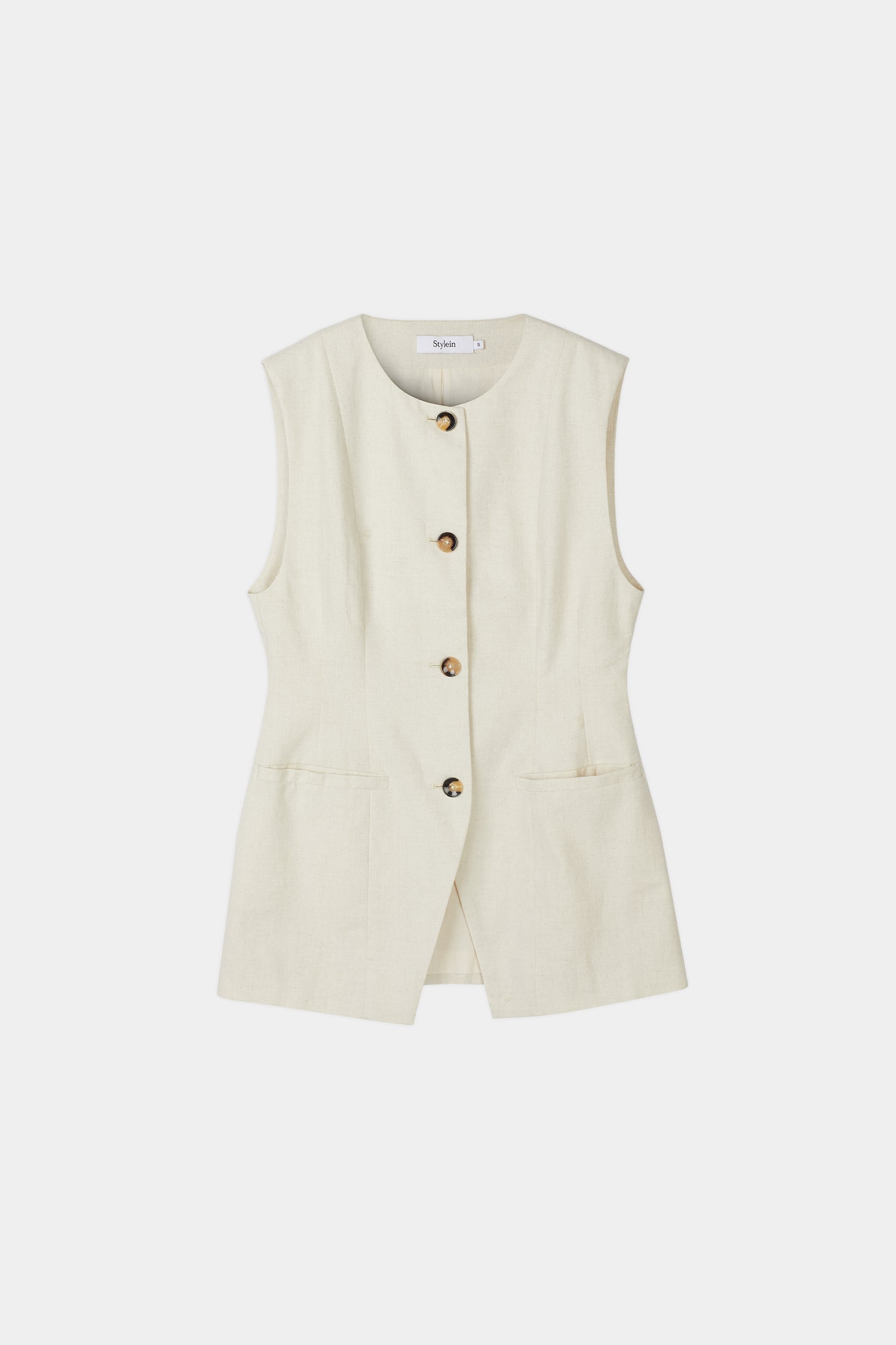 Sirella vest cinched waist button up front beige linen stylein packshot
