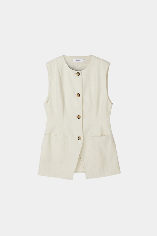 Sirella vest cinched waist button up front beige linen stylein packshot