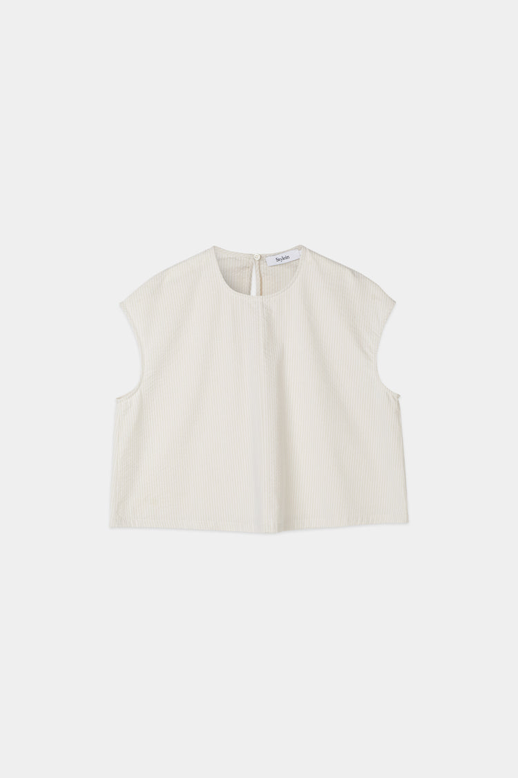 Jayla top cropped boxy short sleeved seersucker beige stripe stylein packshot