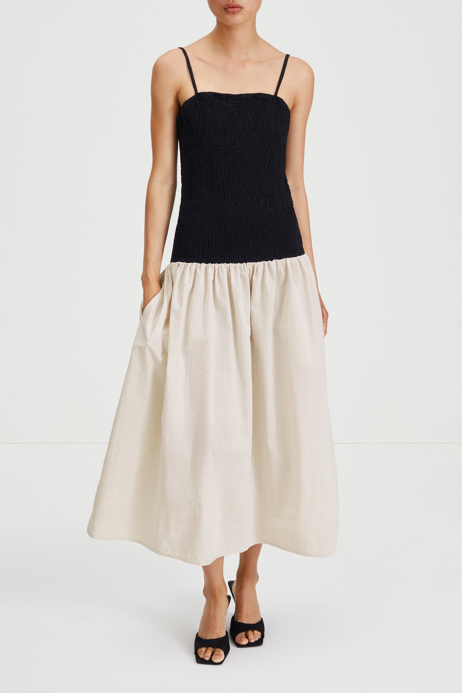 Martelli dress ankle length sleeveless straps seersucker wide skirt smock top black beige white stripe stylein front image