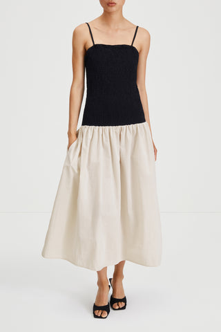 Martelli dress ankle length sleeveless straps seersucker wide skirt smock top black beige white stripe stylein front image