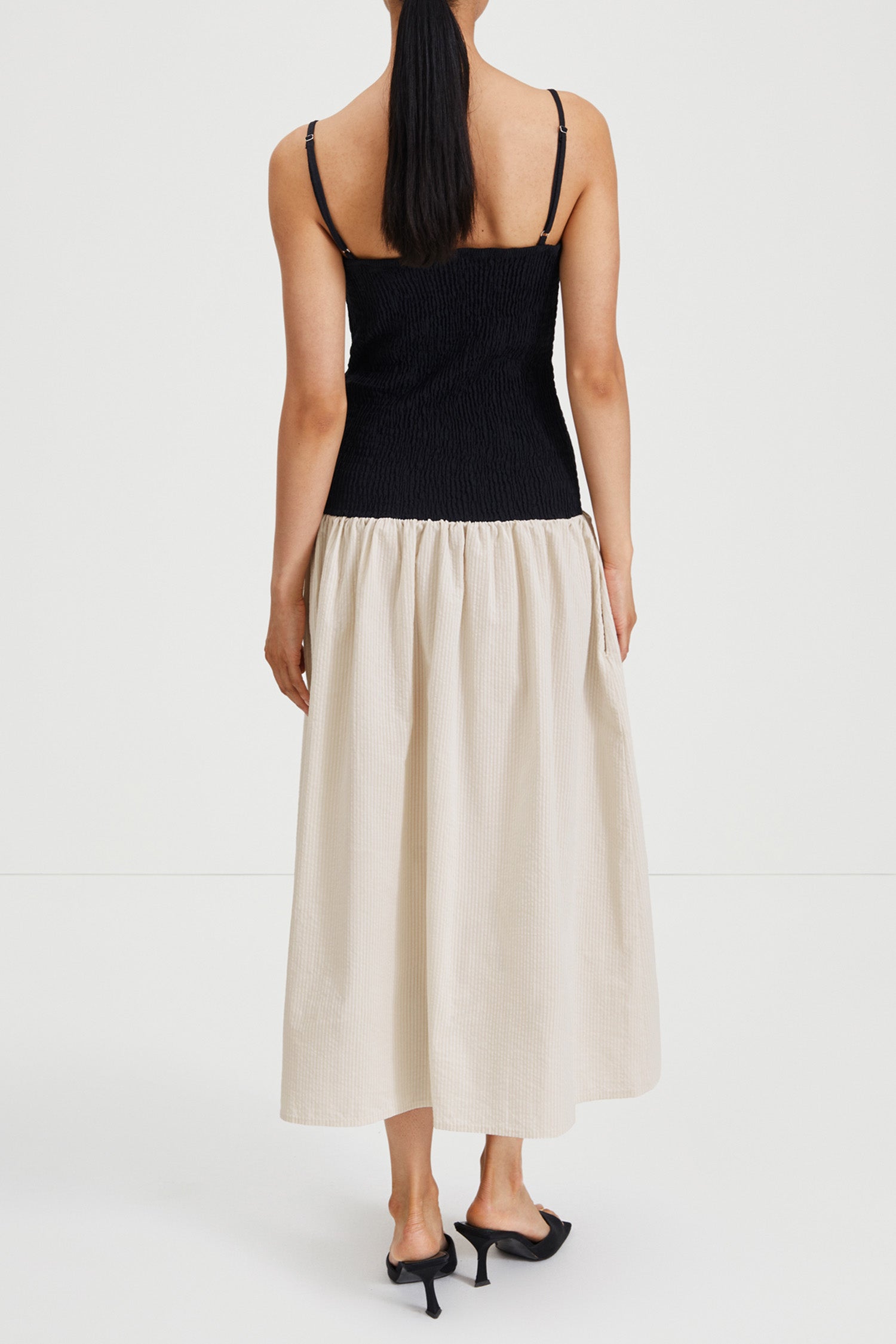 Martelli dress ankle length sleeveless straps seersucker wide skirt smock top black beige white stripe stylein back image 