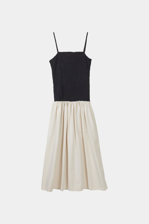 Martelli dress ankle length sleeveless straps seersucker wide skirt smock top black beige white stripe stylein front image