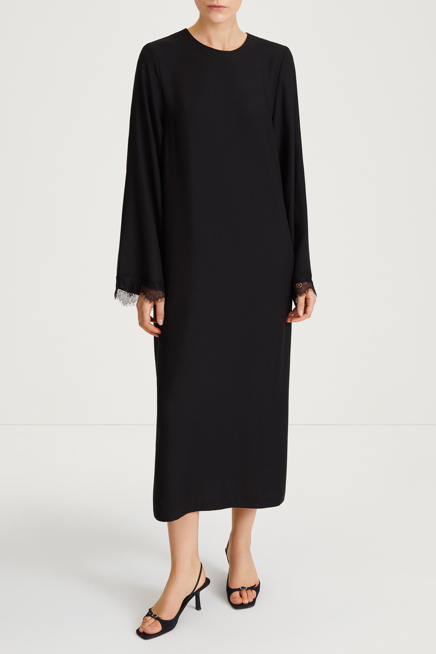 black dress crepe lace trim sleeve stylein margo model image
