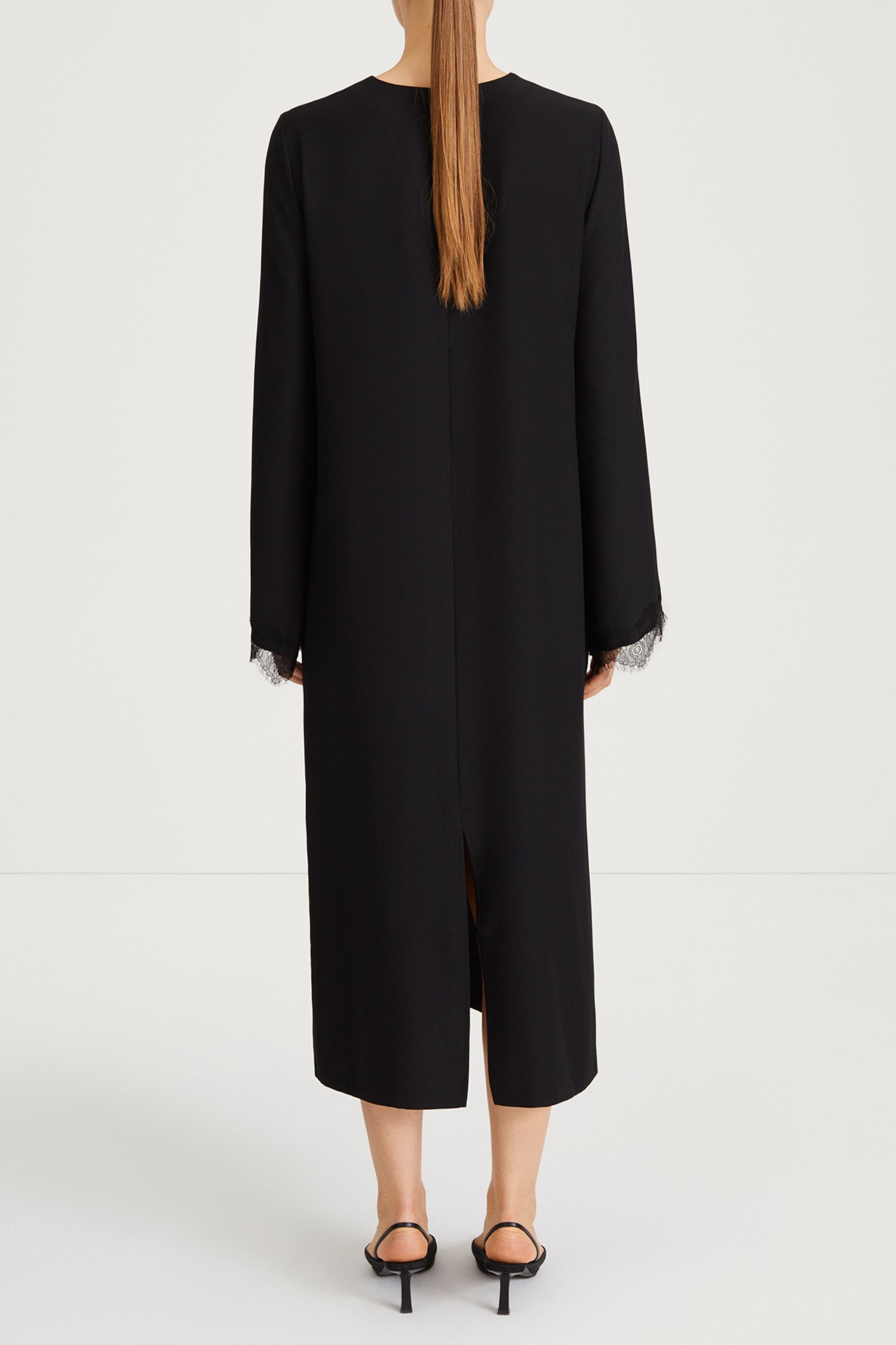 black dress crepe lace trim sleeve stylein margo back