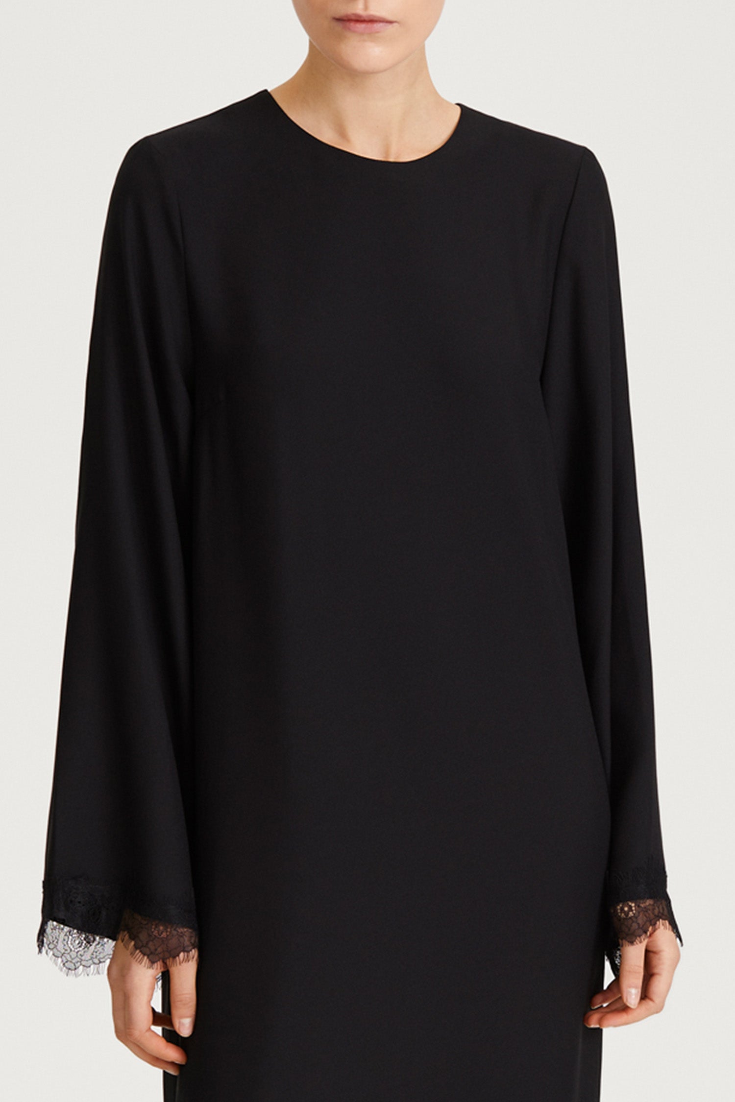 black dress crepe lace trim sleeve stylein margo detail