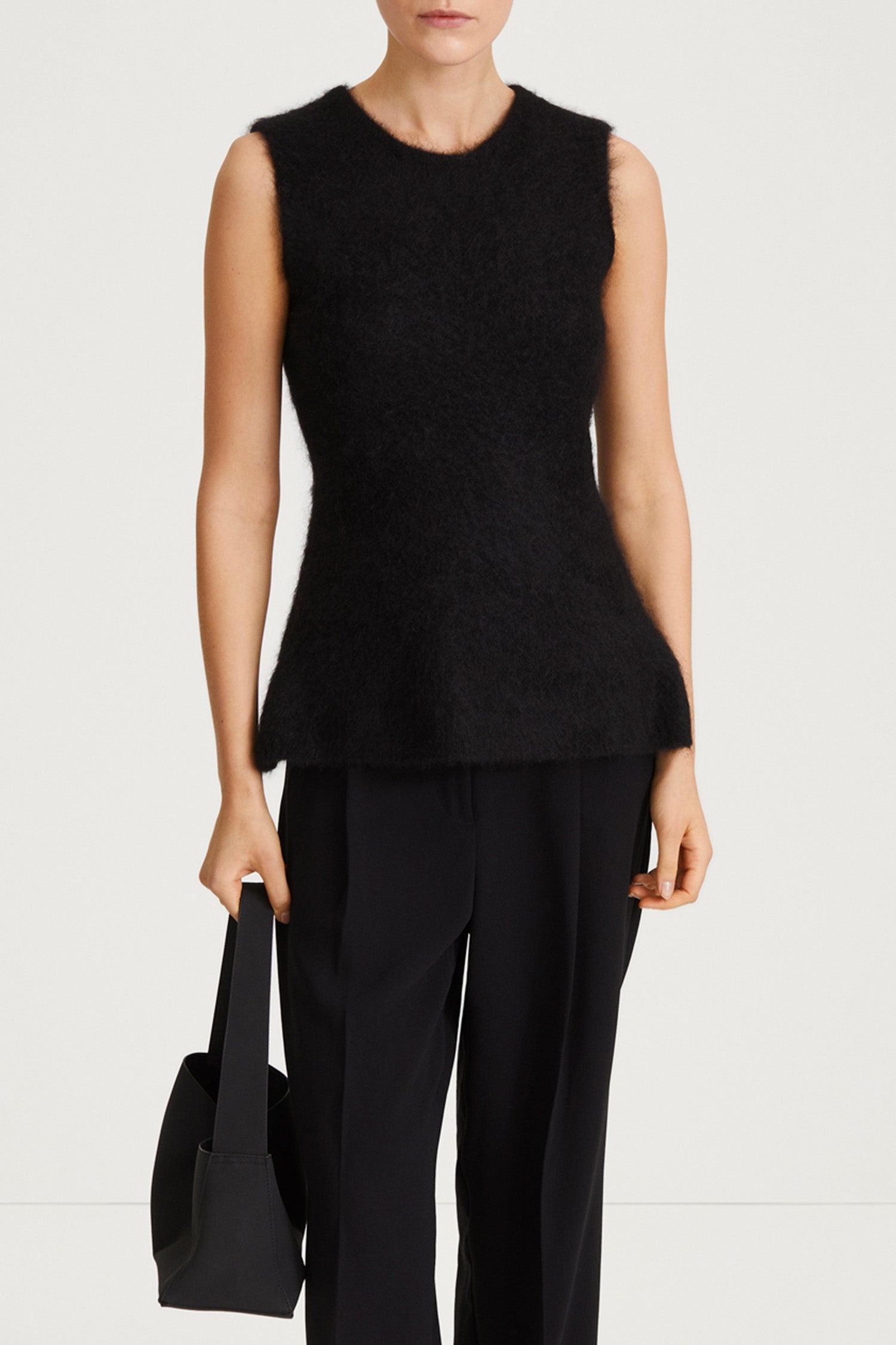 black mohair sleeveless flaired top stylein naya close up