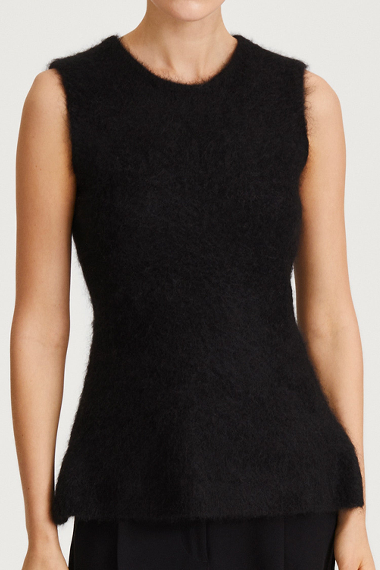 black mohair sleeveless flaired top stylein naya detail