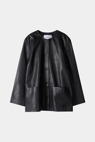 Black leather jacket stylein valencia front close up packshot image