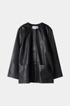 Black leather jacket stylein valencia front close up packshot image