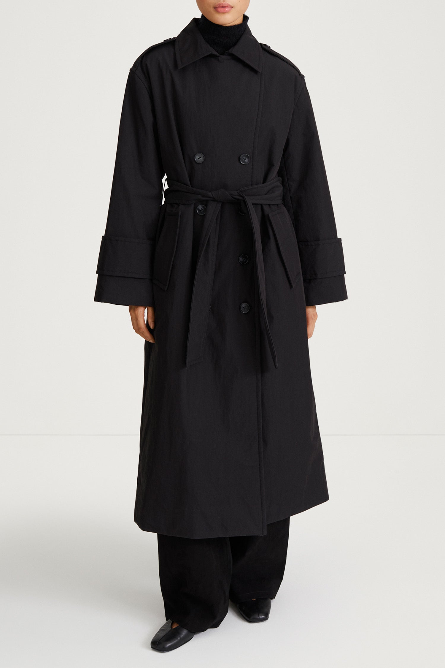 black padded trench coat stylein sandra front