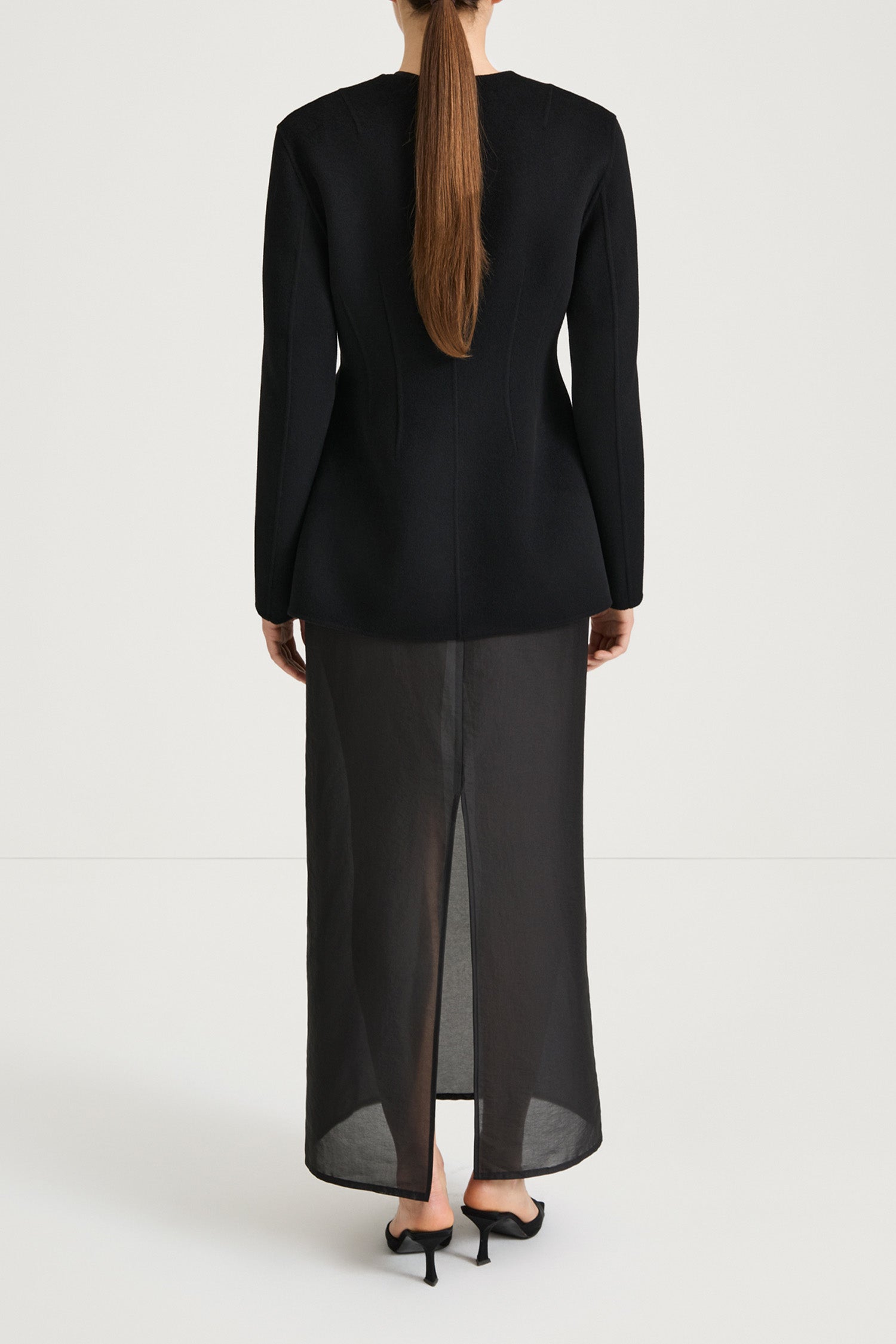 Black wool jacket cinched waist stylein tyra back model image