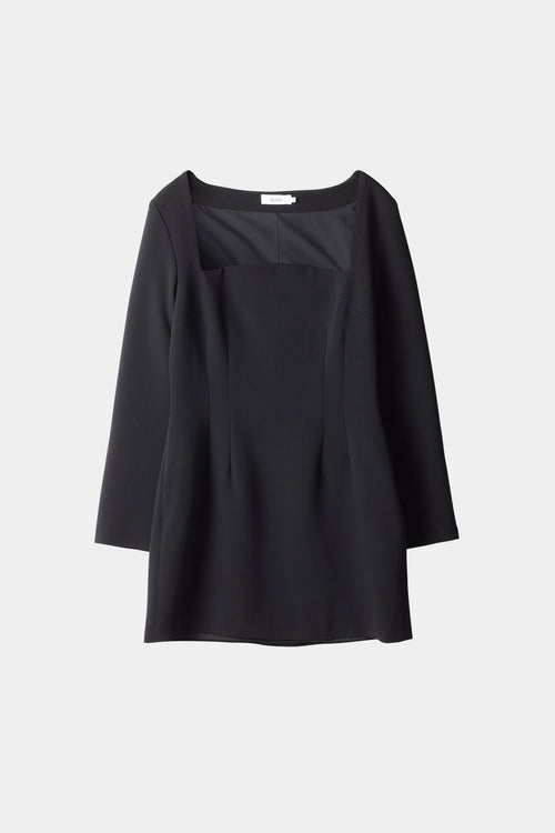 Brenda dress short crepe arched neckline long sleeved cinched waist black stylein packshot