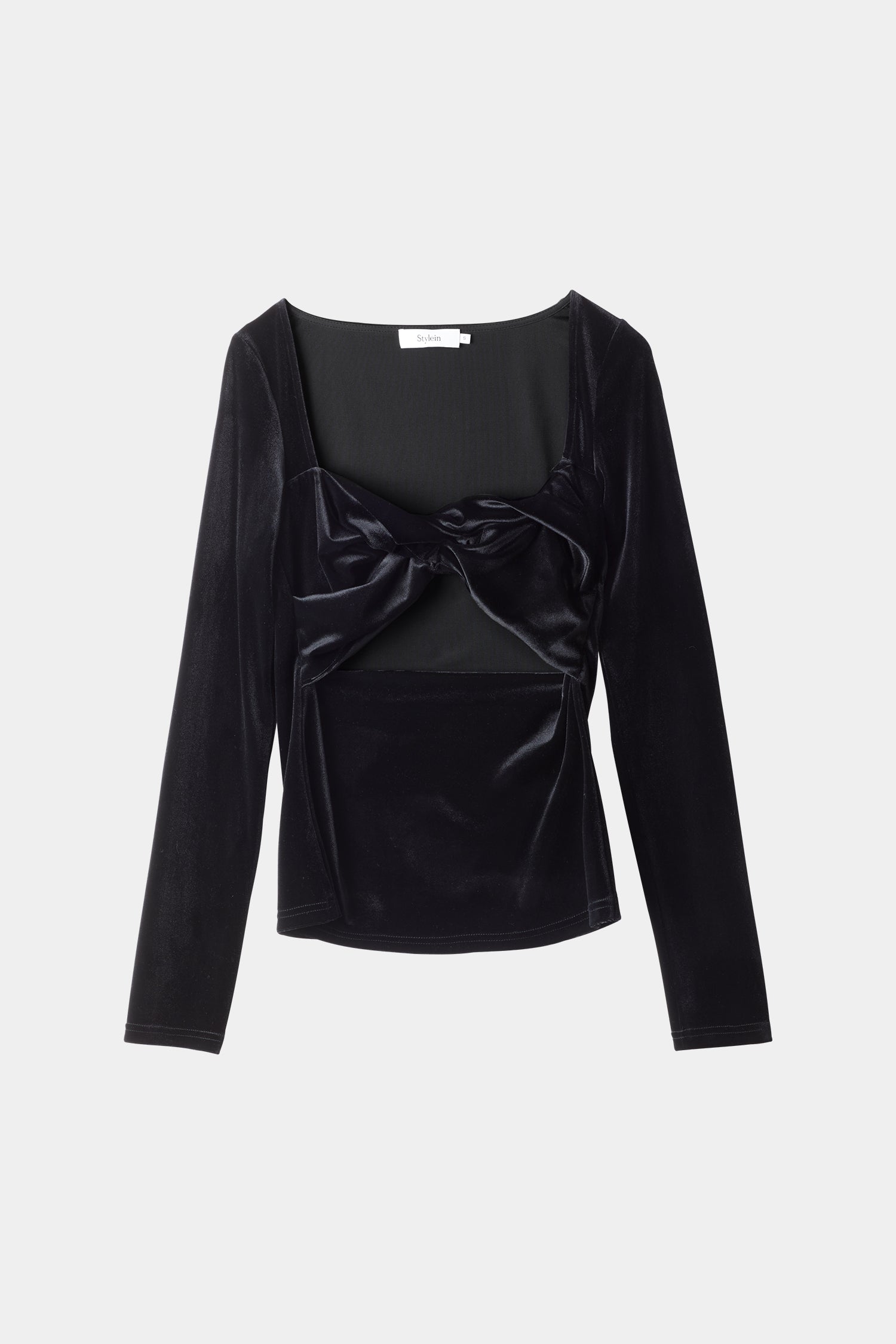 Campi top fitted velvet twisted detail front cut out long sleeves black stylein packshot