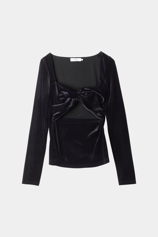 Campi top fitted velvet twisted detail front cut out long sleeves black stylein packshot