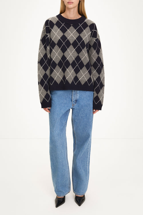 Checked knitted sweater in navy and grey stylein Havenly model image
