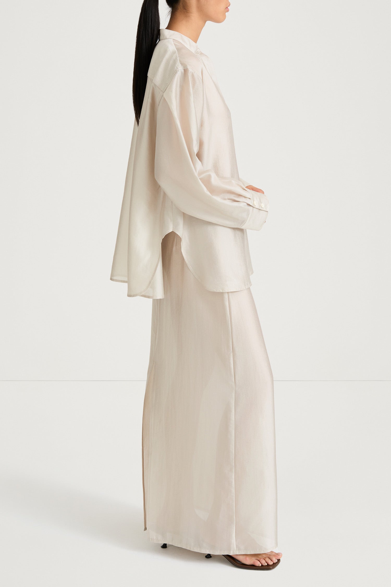 Cream maxi transparent skirt stylein side model image