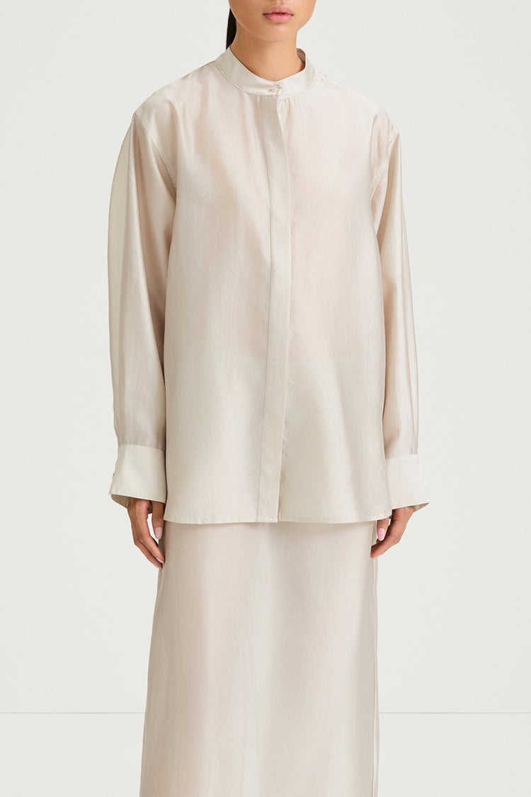 Cream transparent shirt stylein briza front close up model image