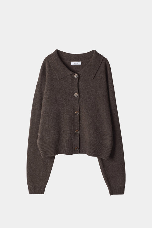 brown cardigan tennis collar stylein halina model image