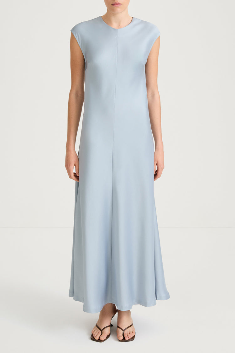 Ice blue maxi satin dress stylein marielle front model image