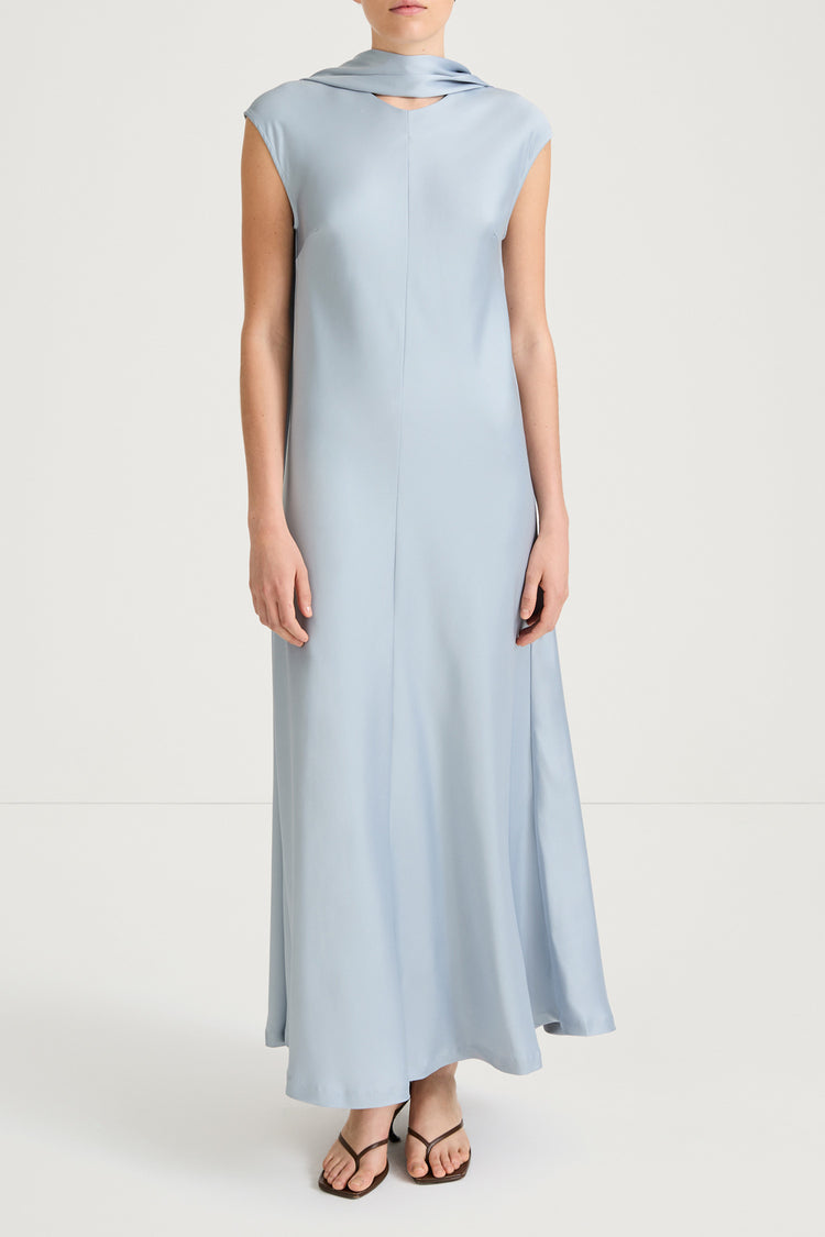 Ice blue maxi satin dress stylein marielle front model image