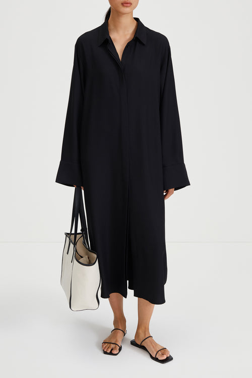Montorio dress loose flowing long sleeves wide cuffs slits collar black stylein front image