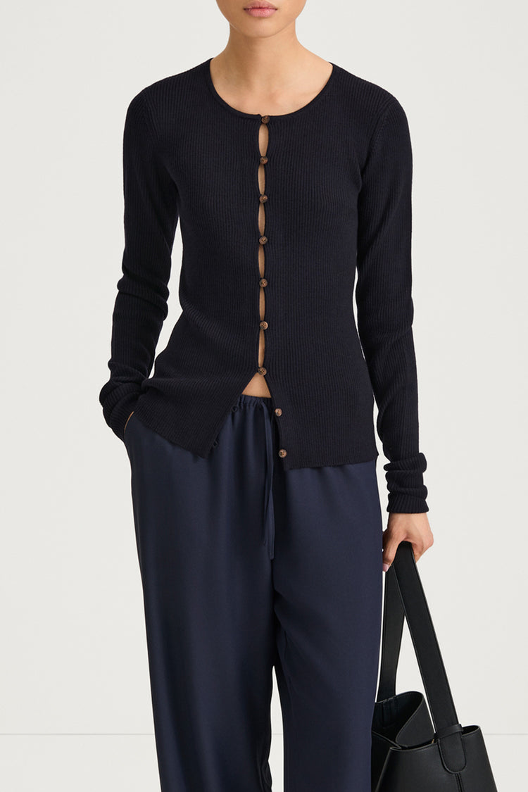 Navy buttoned cardigan stylein hamani front close up model image